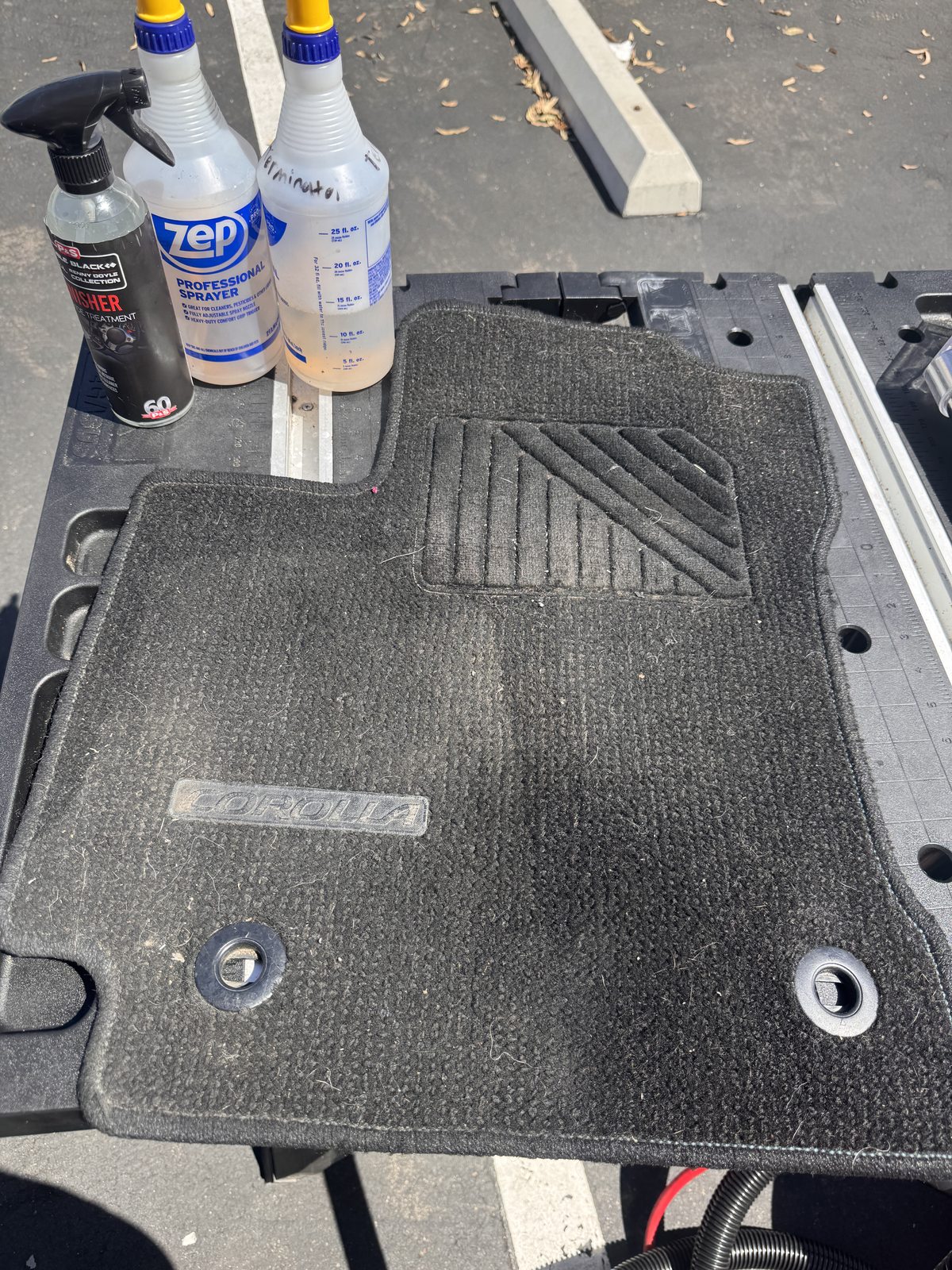 Carpeted car floor mat before cleaning