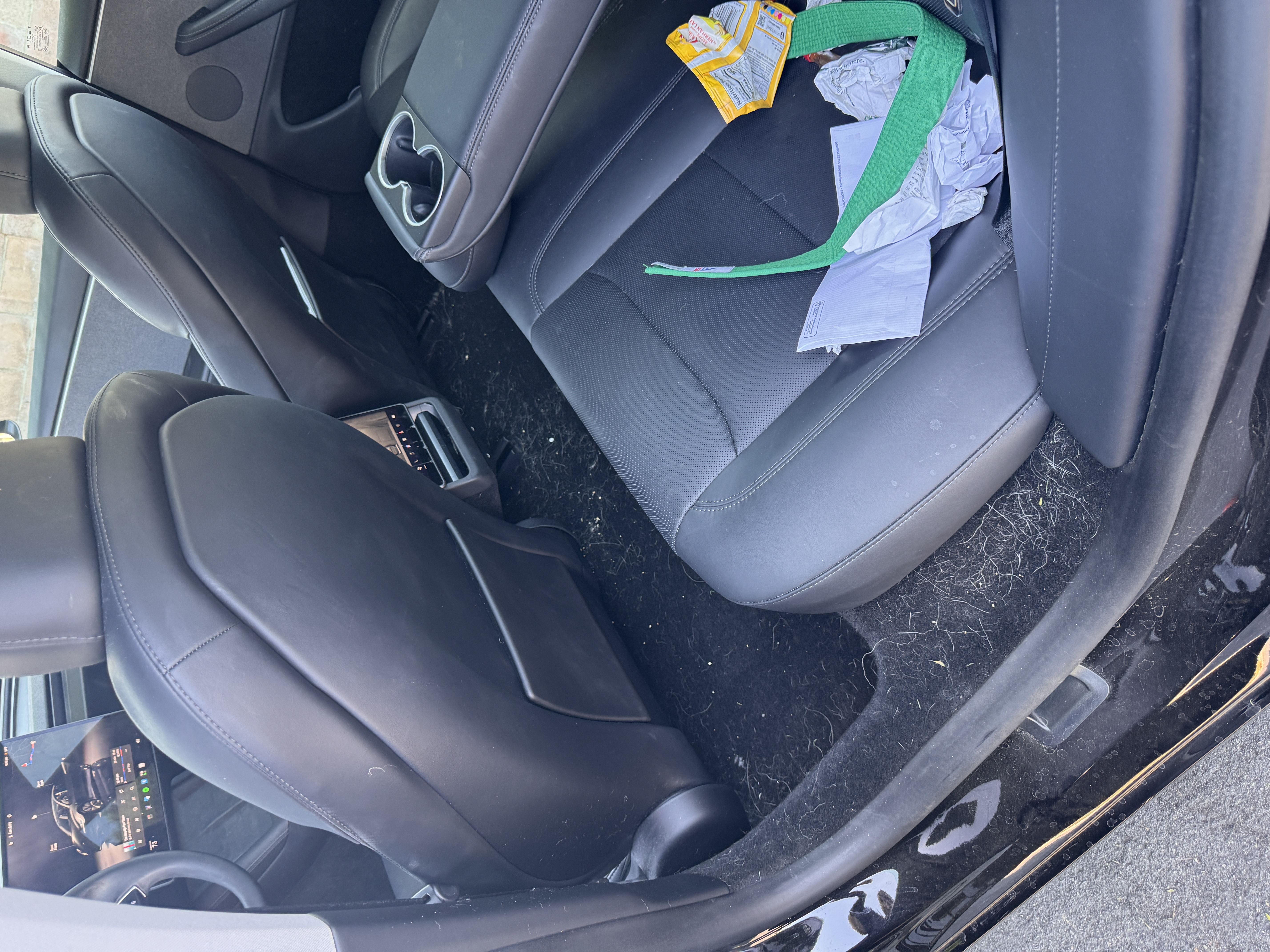 Tesla rear passenger area before detailing, with debris and pet hair on the floor